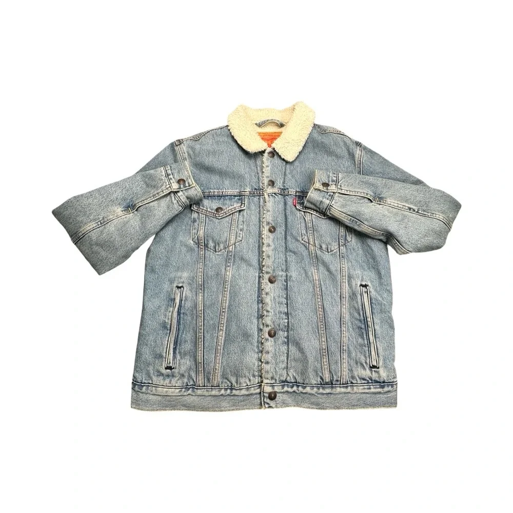Levi's Trucker Jacket Mens M Light Blue Sherpa Lined Denim Type 3 Button Up Coat - Picture 11 of 12